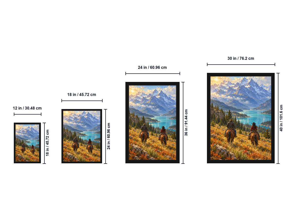 Two Western Riders Alpine Valley Canvas Wall Art size comparison guide