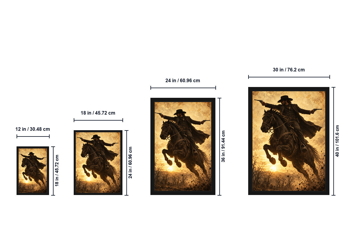 Outlaw Cowboy Horse Action Vintage Canvas Wall Art size comparison guide