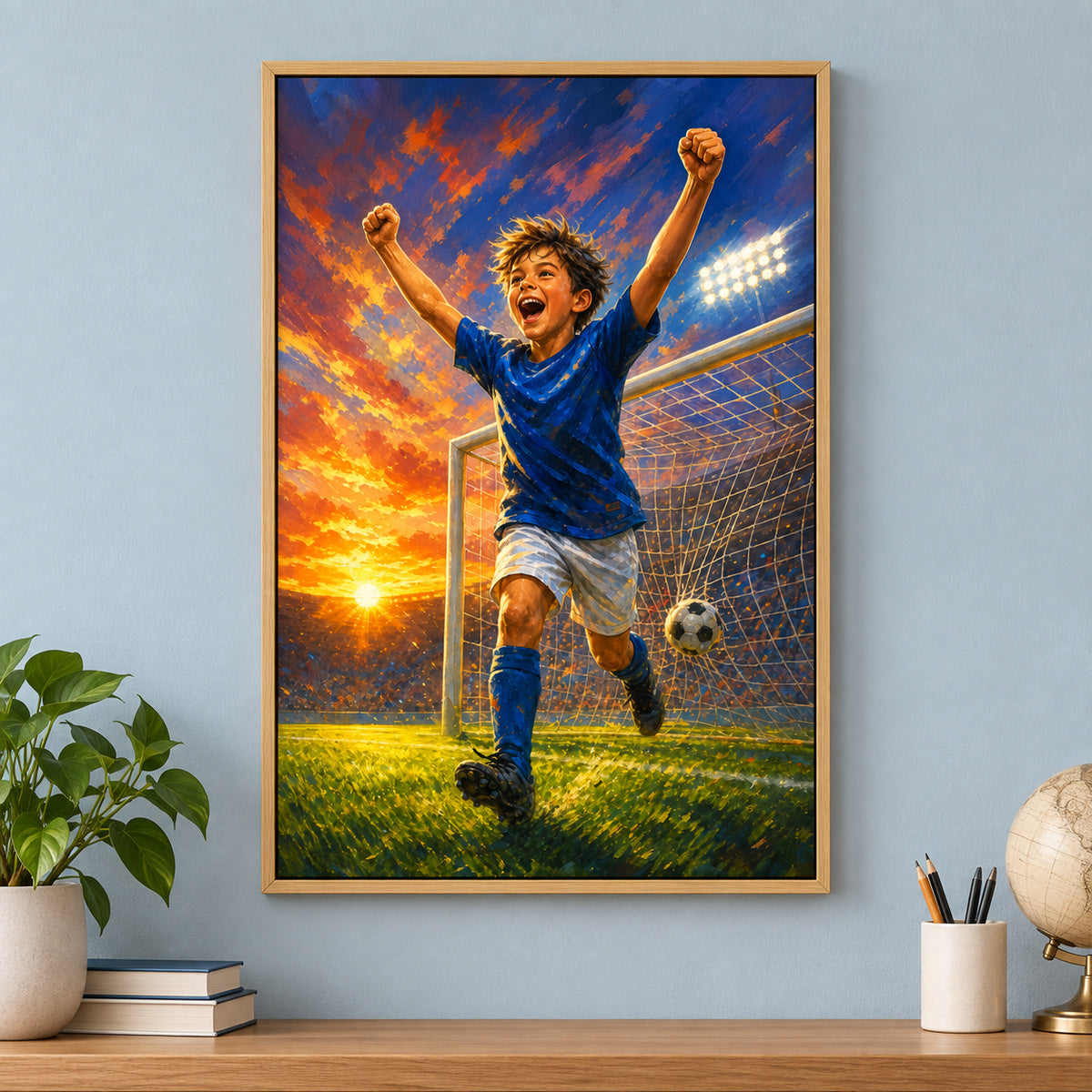 Soccer Goal Celebration Canvas Painting for Game Room Decor | brown_independent_close
