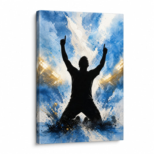 Sky Blue Celebration Silhouette Soccer Canvas Wall Art - soccer canvas wall art by AUSJOJO