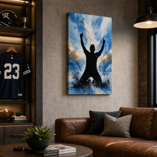 Sky Blue Celebration Silhouette Soccer Canvas Wall Art wall scene mockup