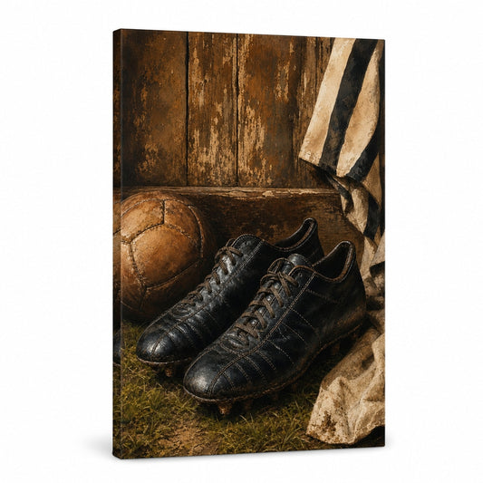 Retro Black Leather Soccer Boots Canvas Painting Wall Decor - soccer canvas wall art by AUSJOJO
