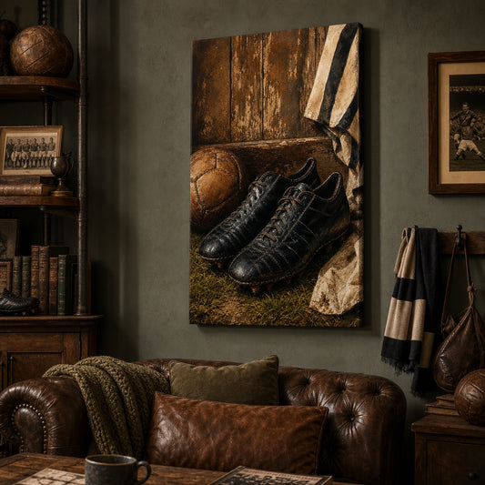 Retro Black Leather Soccer Boots Canvas Wall Art wall scene mockup