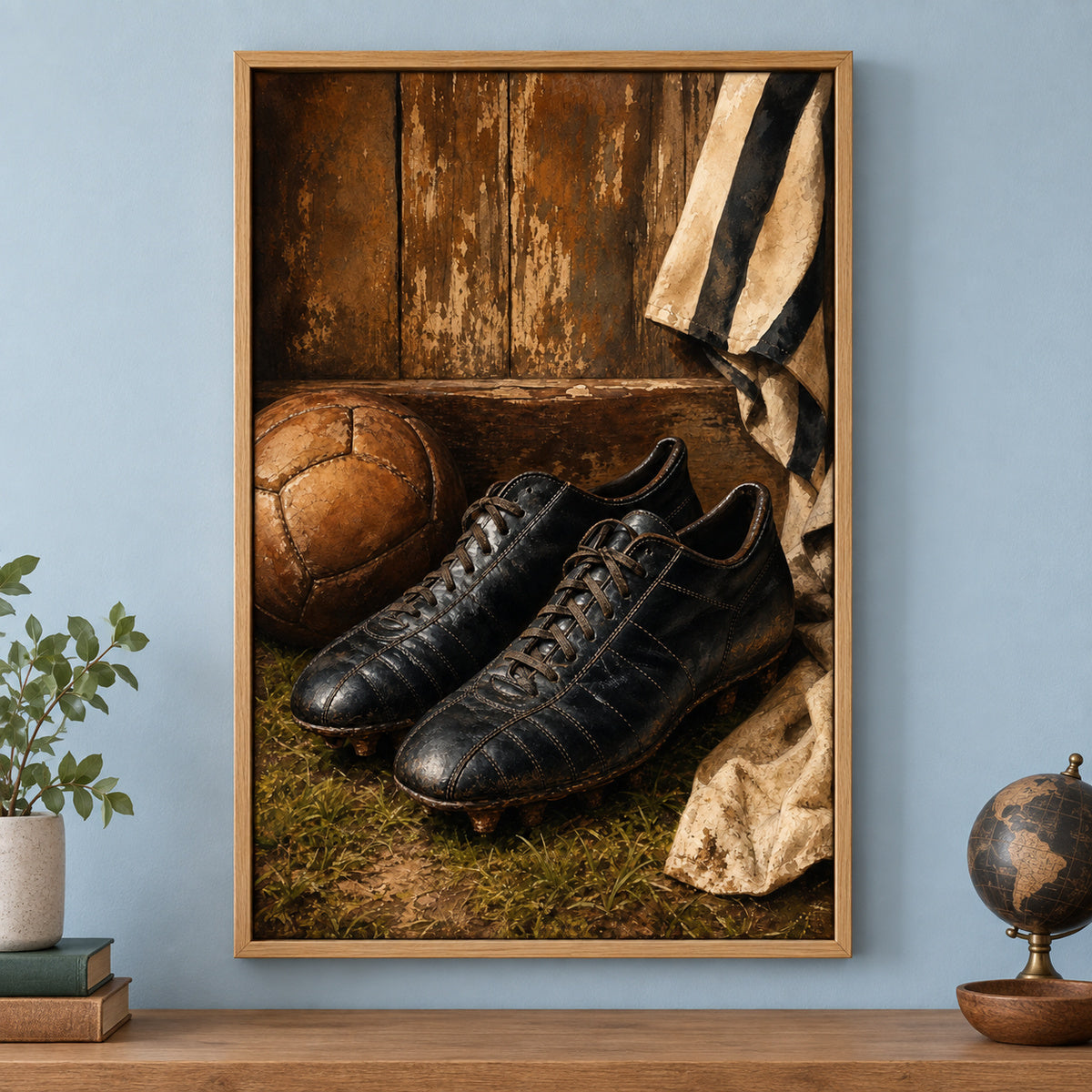 Retro Black Leather Soccer Boots Canvas Painting Wall Decor | brown_independent_close
