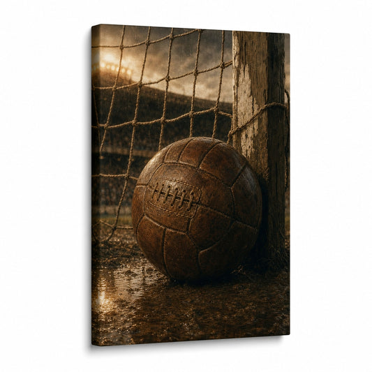 Vintage Leather Soccer Ball and Net Canvas Wall Art - soccer canvas wall art by AUSJOJO