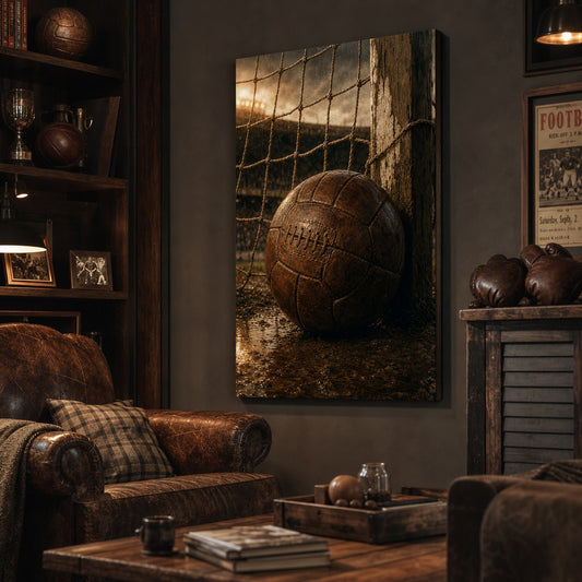 Vintage Leather Soccer Ball and Net Canvas Wall Art wall scene mockup