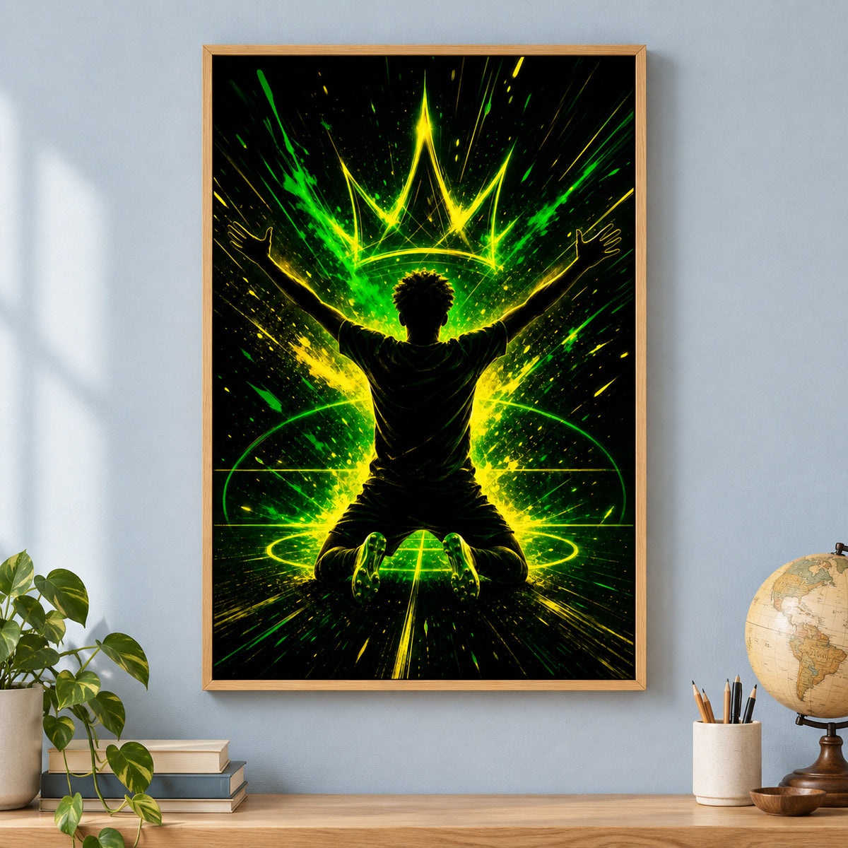 Neon Crown Rising Star Soccer Silhouette Canvas Wall Art | brown_independent_close