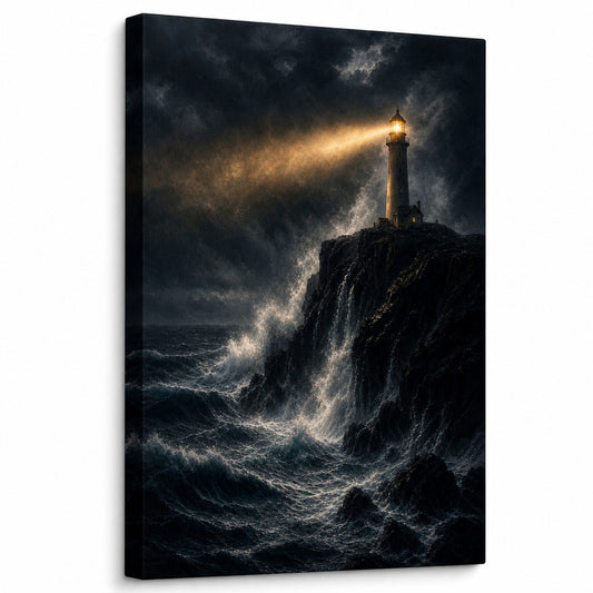Lighthouse Against Breaking Waves Canvas Wall Art - coastal wall decor by AUSJOJO