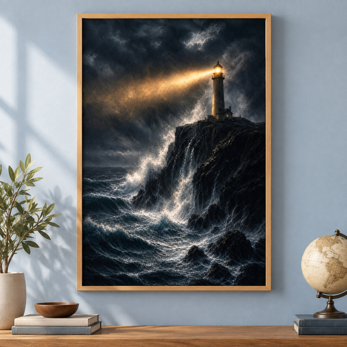 Lighthouse Against Breaking Waves Canvas Wall Art | brown_independent_close