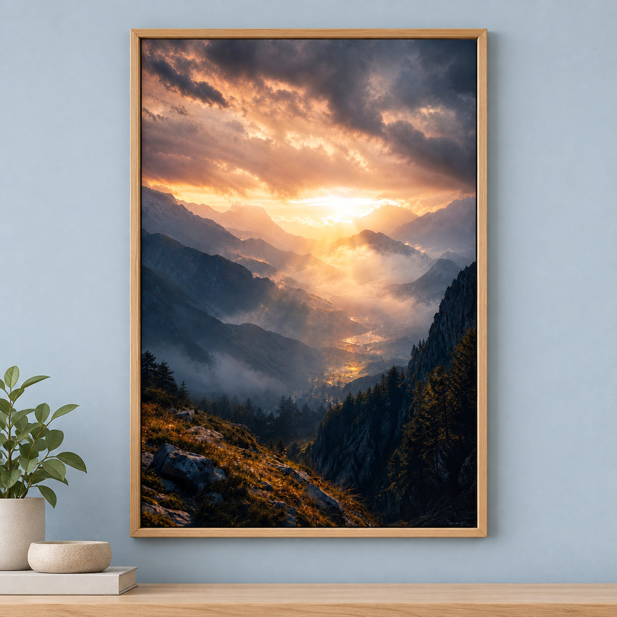 Dawn Through Mountains Natural Metaphor Canvas Wall Art | brown_independent_close