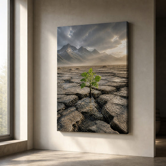 Seedling Through Cracked Stone Canvas Wall Art — room scene