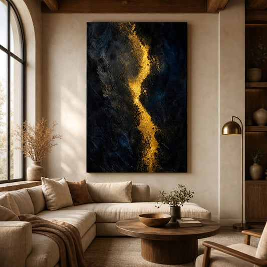 Dark Gold Light Abstract Expressionism Canvas Wall Art — room scene