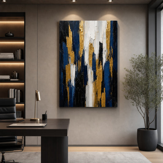 Gold Blue Vertical Ascent Canvas Wall Art — room scene