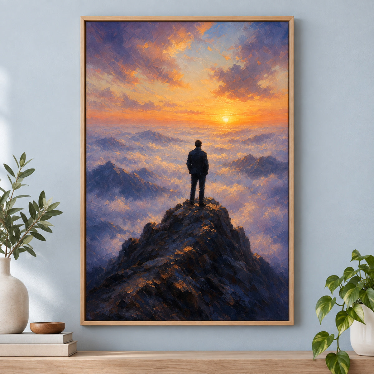 Wanderer Above Mist Impressionistic Sunrise Canvas Wall Art | brown_independent_close