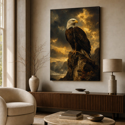 Eagle Commanding Sky Vintage Portrait Canvas Wall Art — room scene