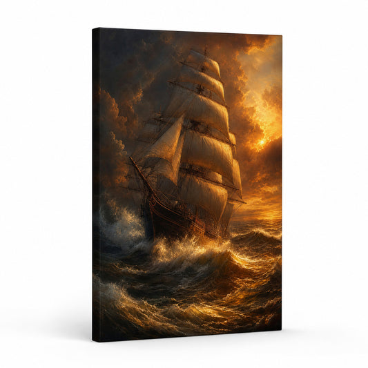 Golden Storm Flagship Classical Maritime Canvas Wall Art - coastal wall decor by AUSJOJO