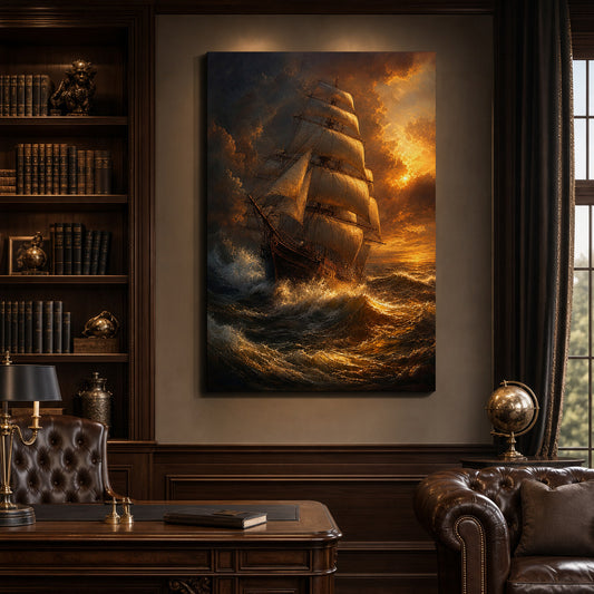 Golden Storm Flagship Classical Maritime Canvas Wall Art — room scene