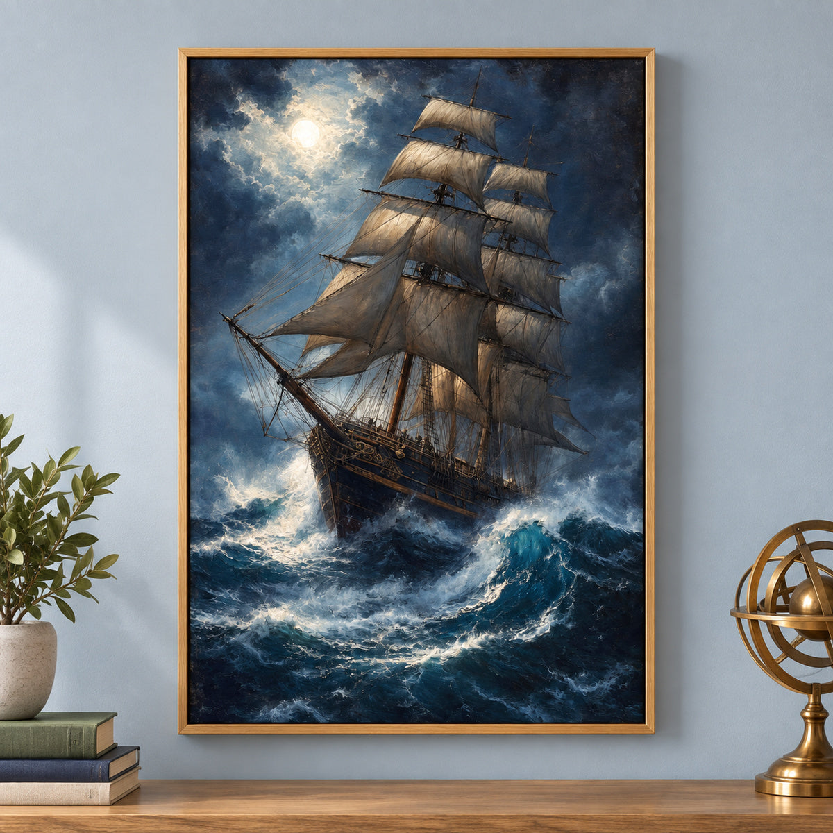 Deep Blue Tempest Classical Maritime Canvas Wall Art | brown_independent_close