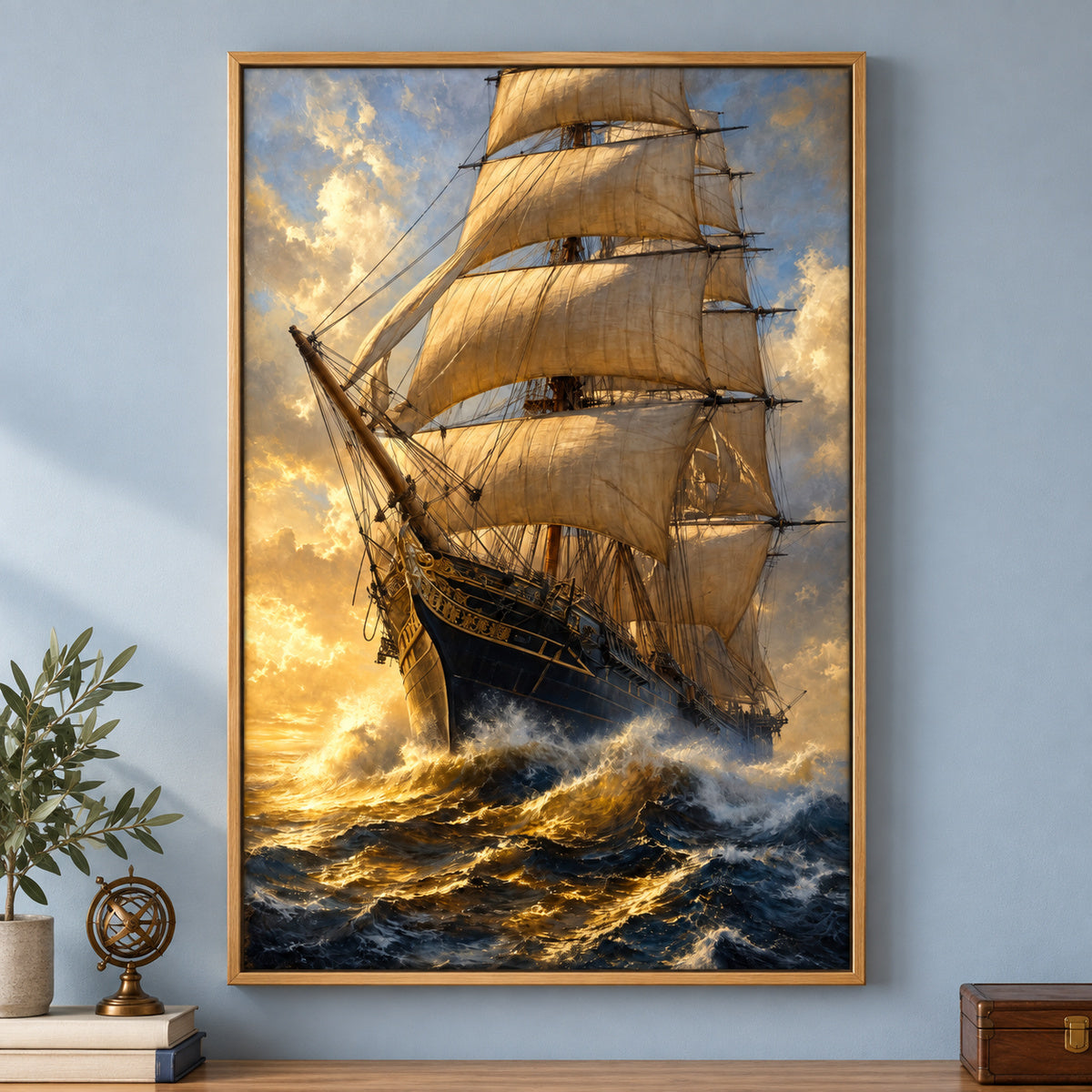 Triumphant Bow Close Classical Maritime Canvas Wall Art | brown_independent_close