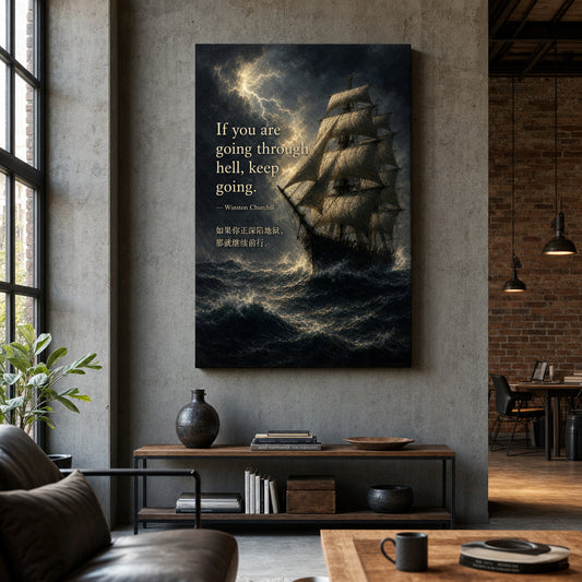 Storm Ship Churchill Adversity Resilience Canvas Wall Art — room scene