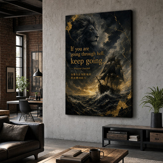 Ship Lion Fusion Churchill Adversity Resilience Canvas Wall Art — room scene