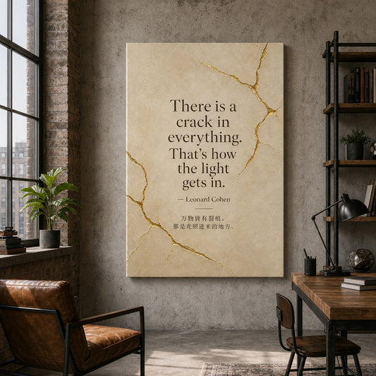 Oatmeal Gold Kintsugi Serif Leonard Cohen Canvas Wall Art — room scene