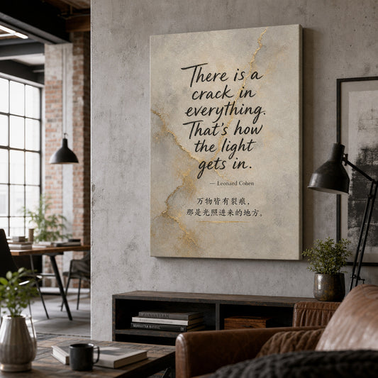 Handwritten Gold Foil Fusion Leonard Cohen Canvas Wall Art — room scene