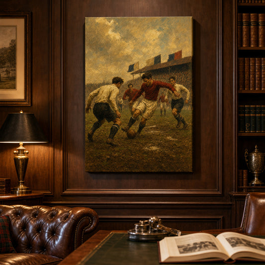 Vintage 1930s Football Match Oil Painting Canvas Wall Art — room scene