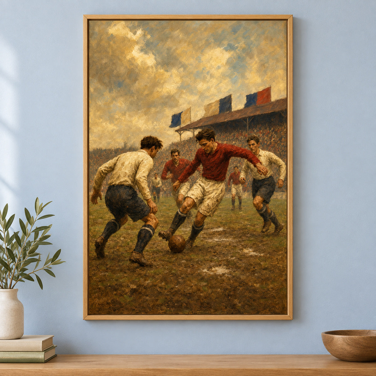 Vintage 1930s Football Match Oil Painting Canvas Wall Art | brown_independent_close