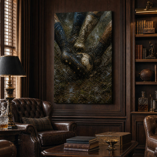 Muddy Tackle Boots Football Oil Painting Canvas Wall Art — room scene