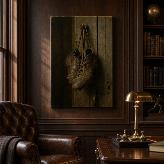 Hanging Old Leather Football Boots Oil Painting Canvas Wall Art — room scene