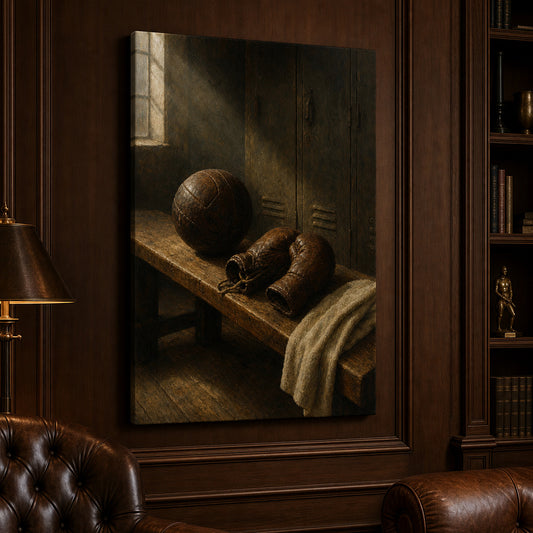 Vintage Sports Equipment Still Life Oil Painting Canvas Wall Art — room scene