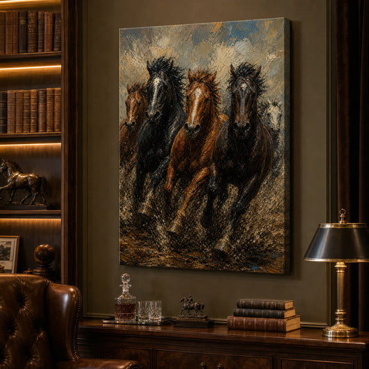 Wild Horse Mud Track Head-to-Head Oil Painting Canvas Wall Art — room scene