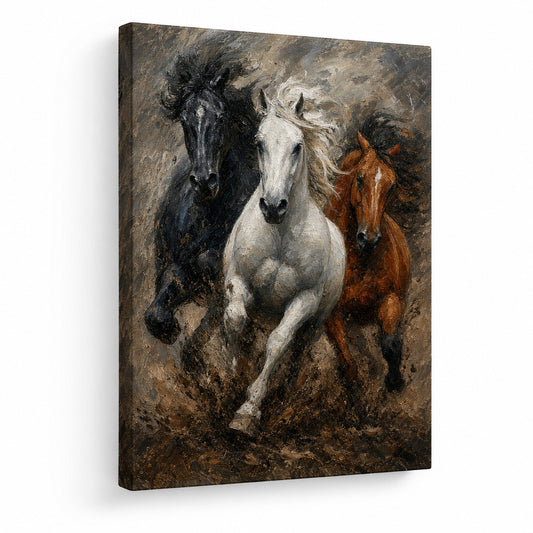 Wild Black White Brown Horses Oil Painting Canvas Wall Art - animal wall art by AUSJOJO