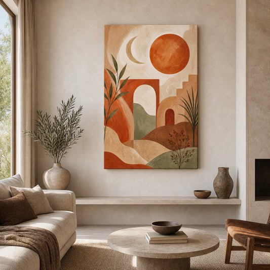 Boho Desert Arch Sun Moon Canvas Wall Art — room scene