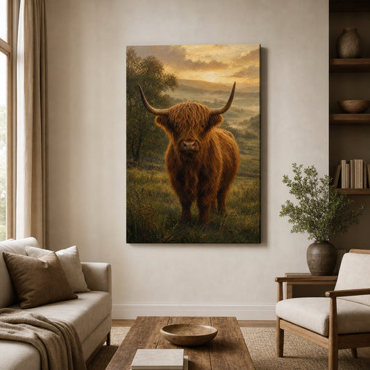 Highland Cow Golden Hour Canvas Wall Art — room scene