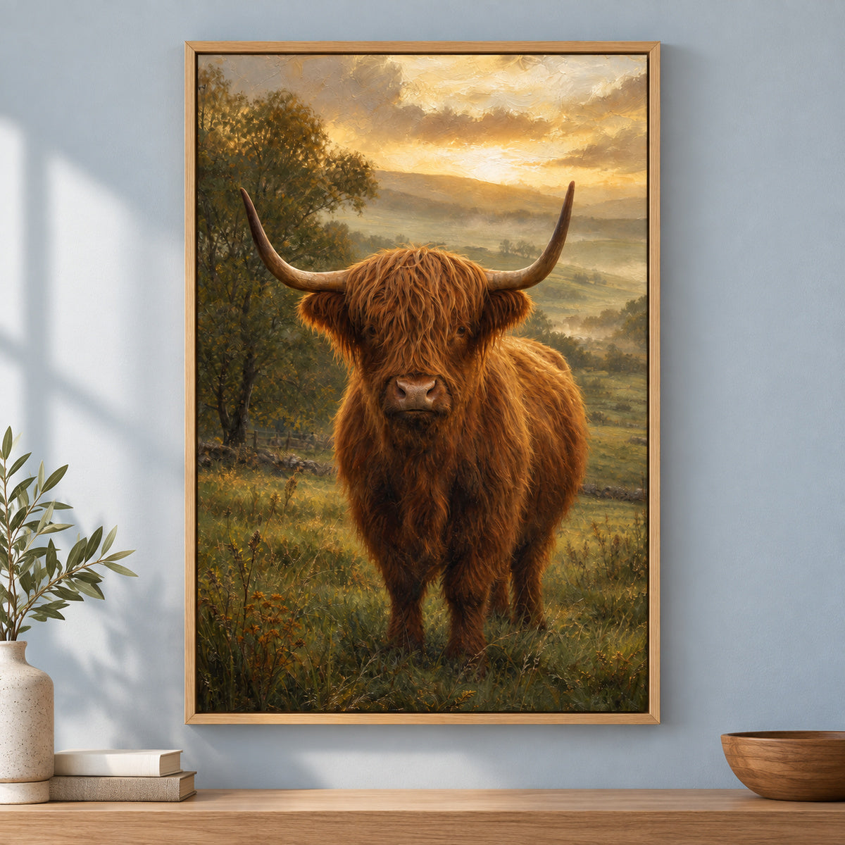 Highland Cow Golden Hour Canvas Wall Art | brown_independent_close