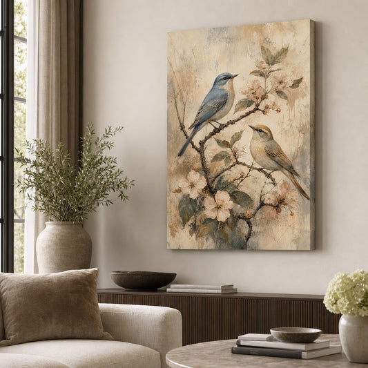 Vintage Flowering Branch Birds Canvas Wall Art — room scene