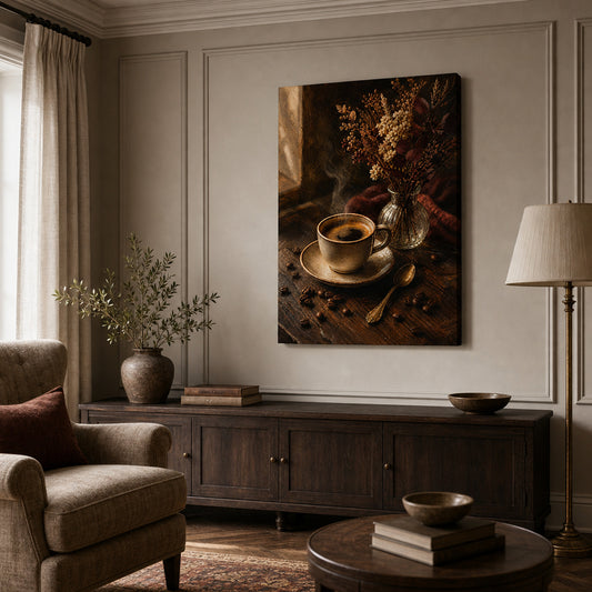 Vintage Coffee Bar Kitchen Still Life Canvas Wall Art — room scene
