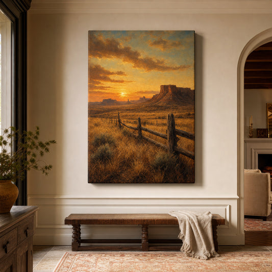 Vintage Western Prairie Landscape Canvas Wall Art — room scene