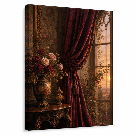 Victorian Rose Window Interior Canvas Wall Art - floral wall decor by AUSJOJO