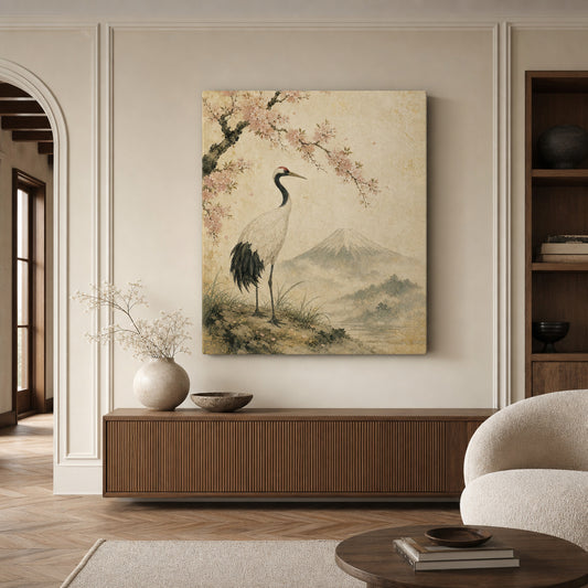 Vintage Japanese Crane Canvas Wall Art — room scene