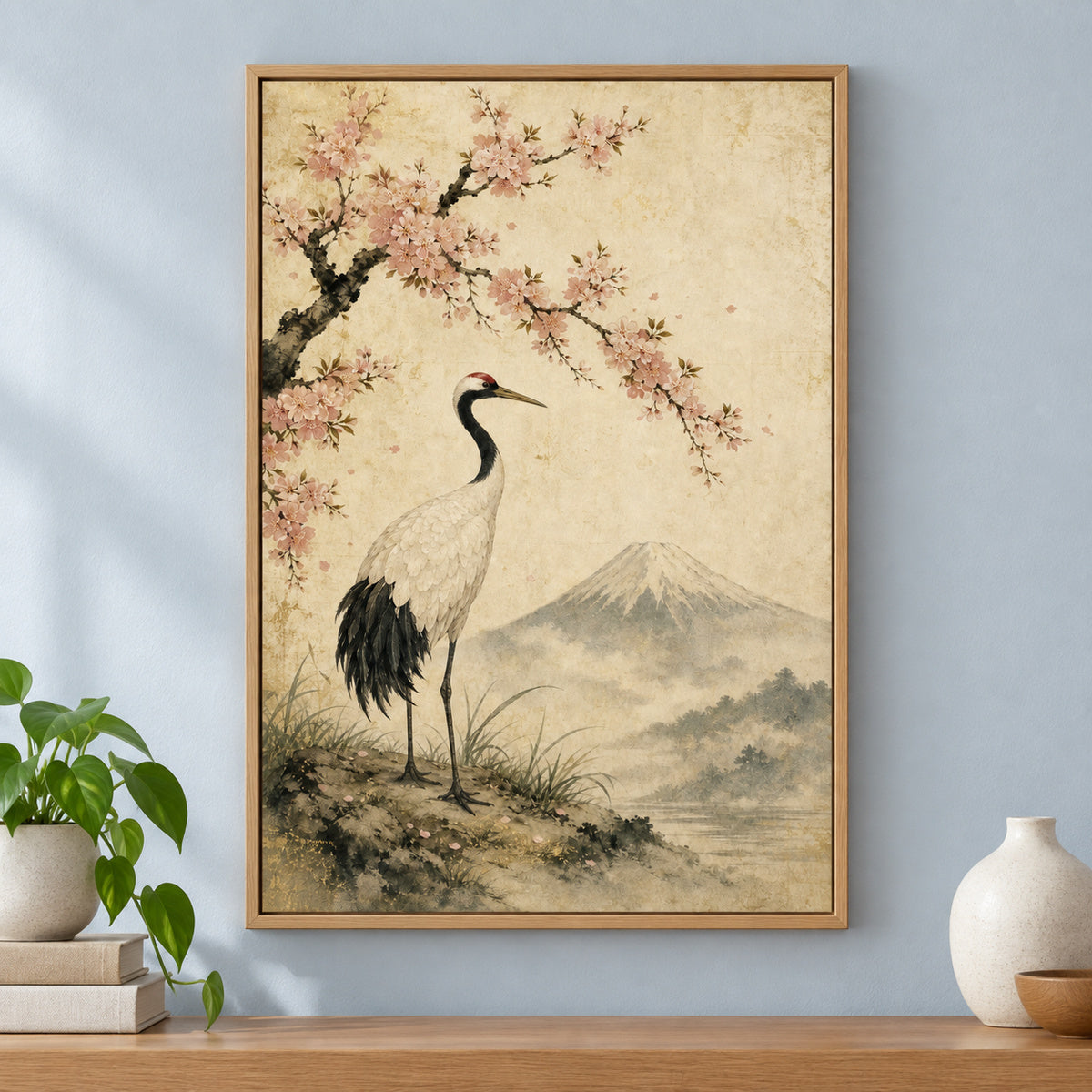 Vintage Japanese Crane Canvas Wall Art | brown_independent_close
