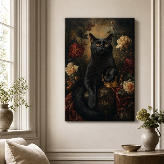 Serious Black Cat Portrait Canvas Wall Art — room scene