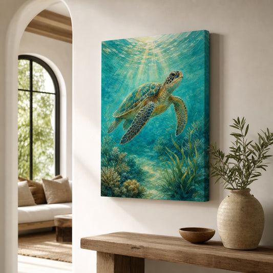 Sunlit Sea Turtle Coastal Canvas Wall Art — room scene