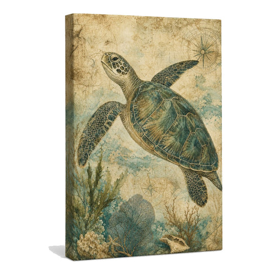 Vintage Sea Turtle Coastal Canvas Wall Art - coastal wall decor by AUSJOJO