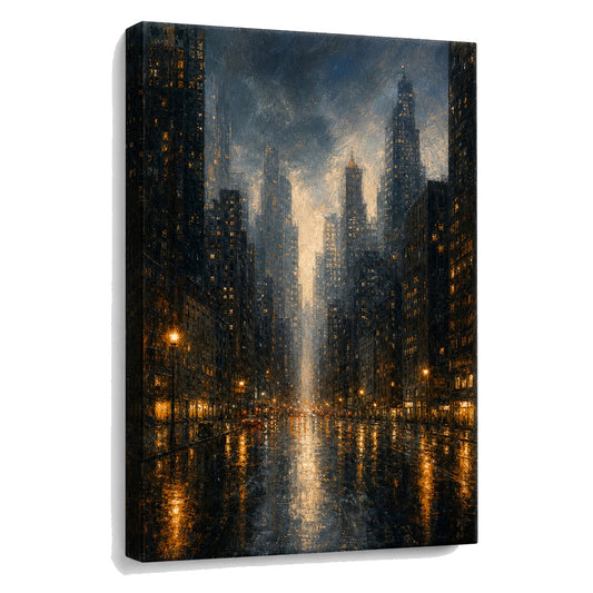 Rainy Night City Skyline Canvas Wall Art - canvas wall art by AUSJOJO