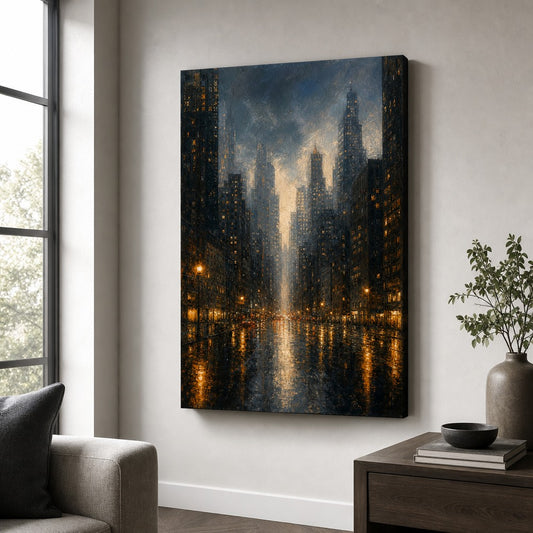 Rainy Night City Skyline Canvas Wall Art — room scene
