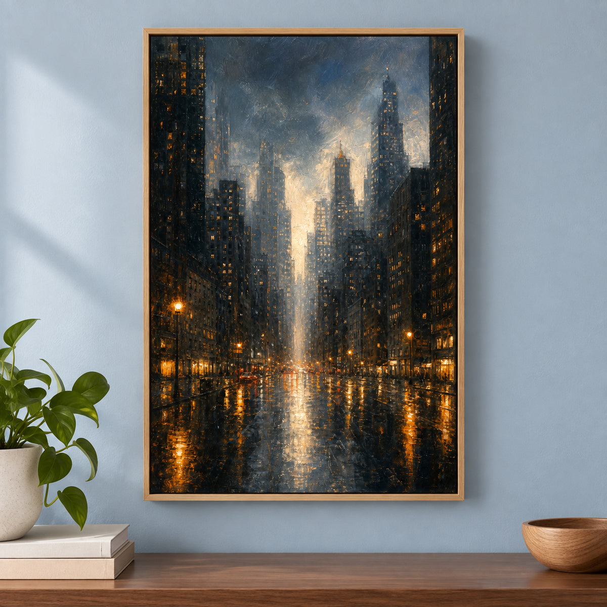 Rainy Night City Skyline Canvas Wall Art | brown_independent_close