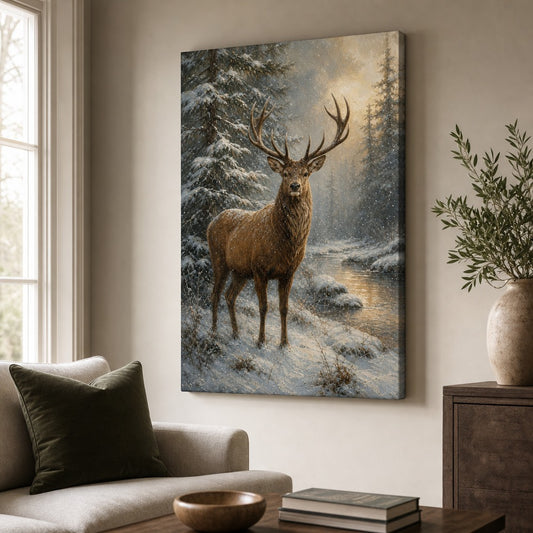 Winter Stag Pine Forest Canvas Wall Art — room scene